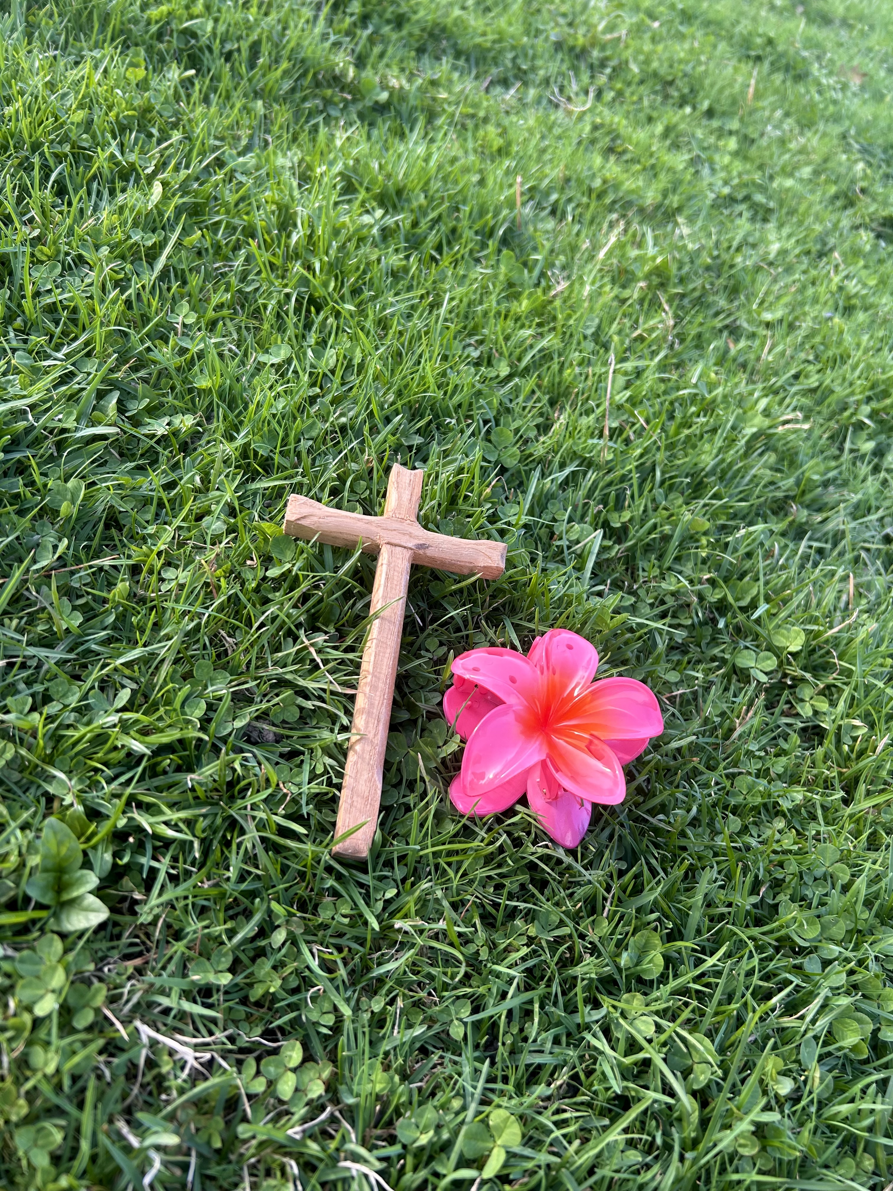 A picture of a cross and a flower.
